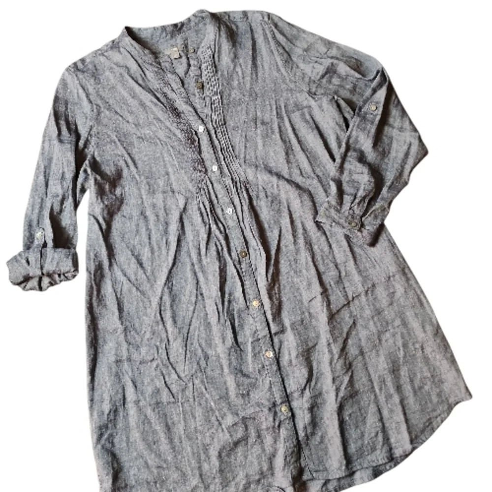 J. JILL | Linen‎ Blend Blue Gray Button-Down Tunic Dress Duster | L Petite